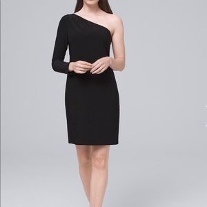 Elegant one-shoulder black dress.